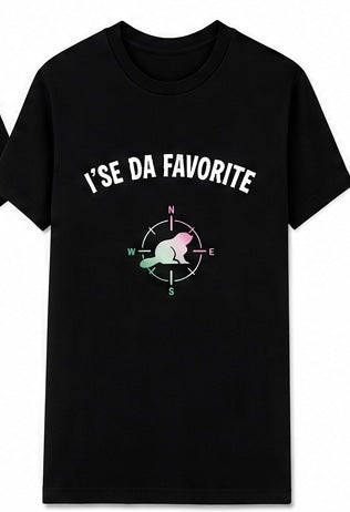 A black short-sleeve crewneck t-shirt featuring a graphic print on the front. The print displays the text 'I'SE DA FAVORITE' in white arched lettering above a compass graphic containing a beaver silhouette in pink, green, and white.